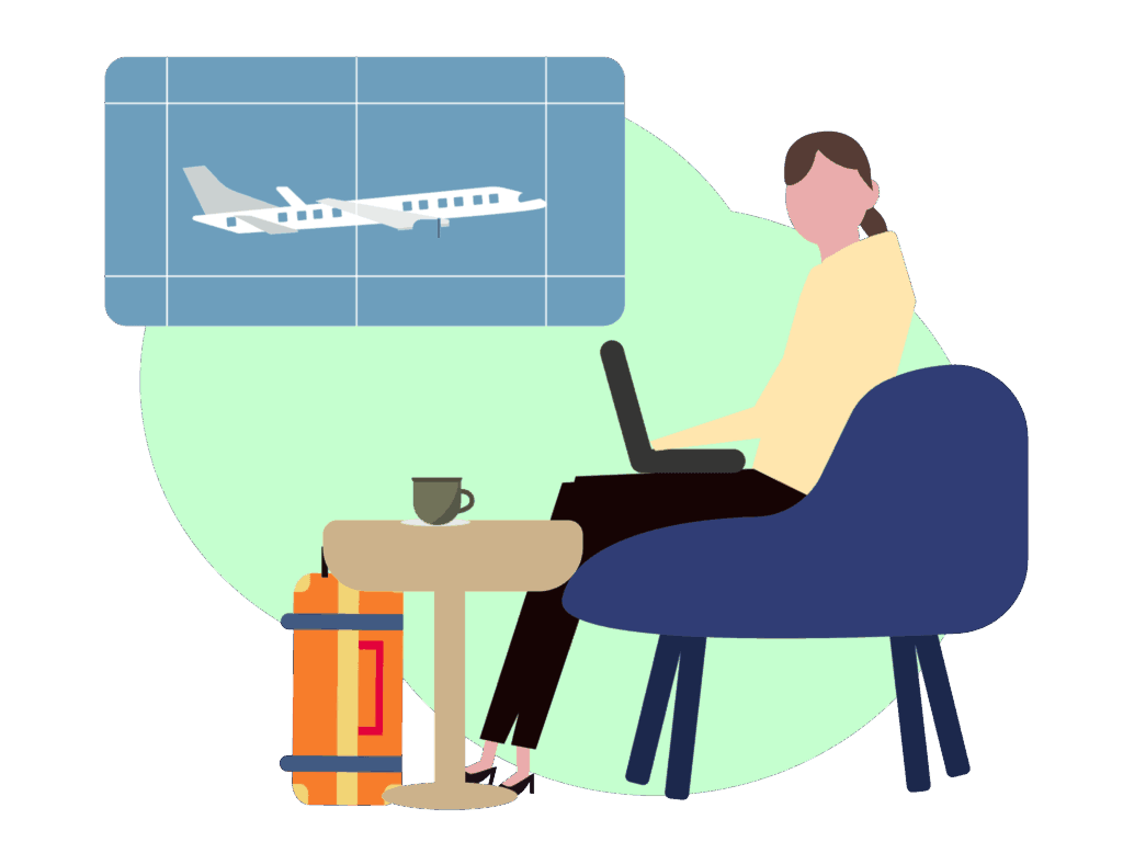空港でPC作業する女性