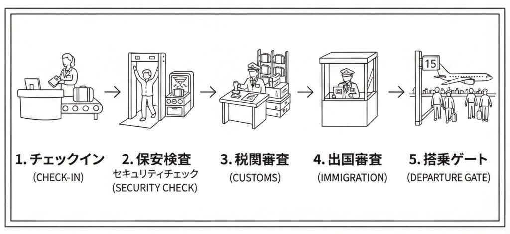 空港でのチェックインから搭乗までの流れ